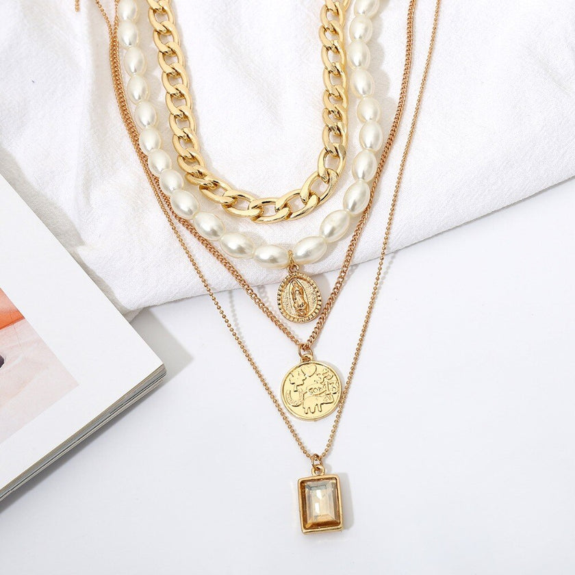 Vintage coin gemstone necklace sweater chain female personality temperament multi-layer pearl necklace