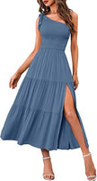 Fashion Women's One-shoulder Pleated Layered Hem Split Dress