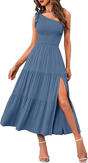 Fashion Women's One-shoulder Pleated Layered Hem Split Dress