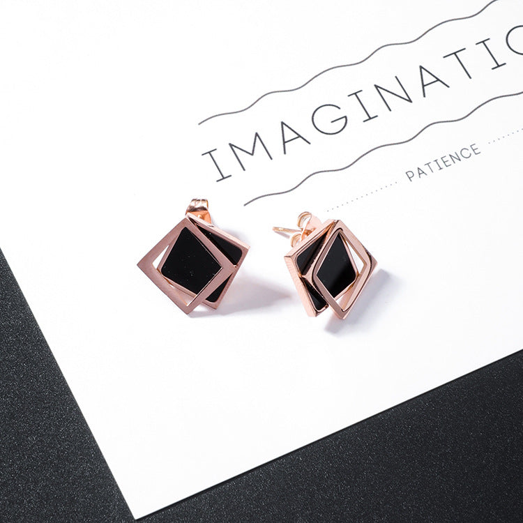 Square Round Titanium Steel Earrings Cool Wind  Drill Geometry Wild Tassel Earrings