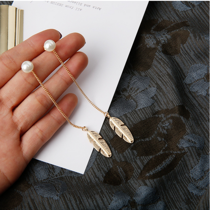 Personality Feather Leaf Pearl Tassel Long Earrings