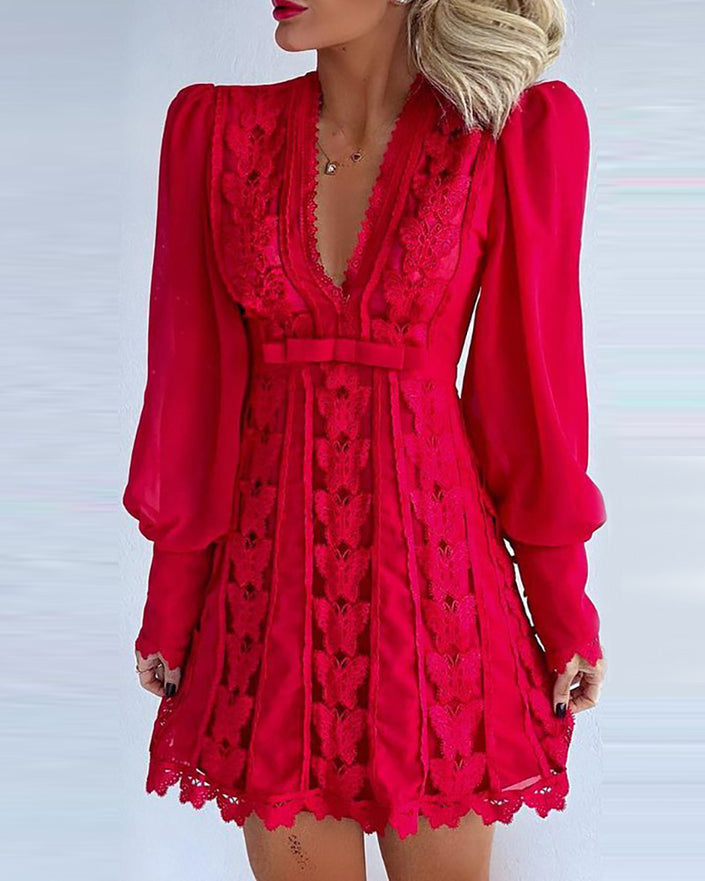 White Elegant  Long Puff Sleeve Butterfly Dress For Women