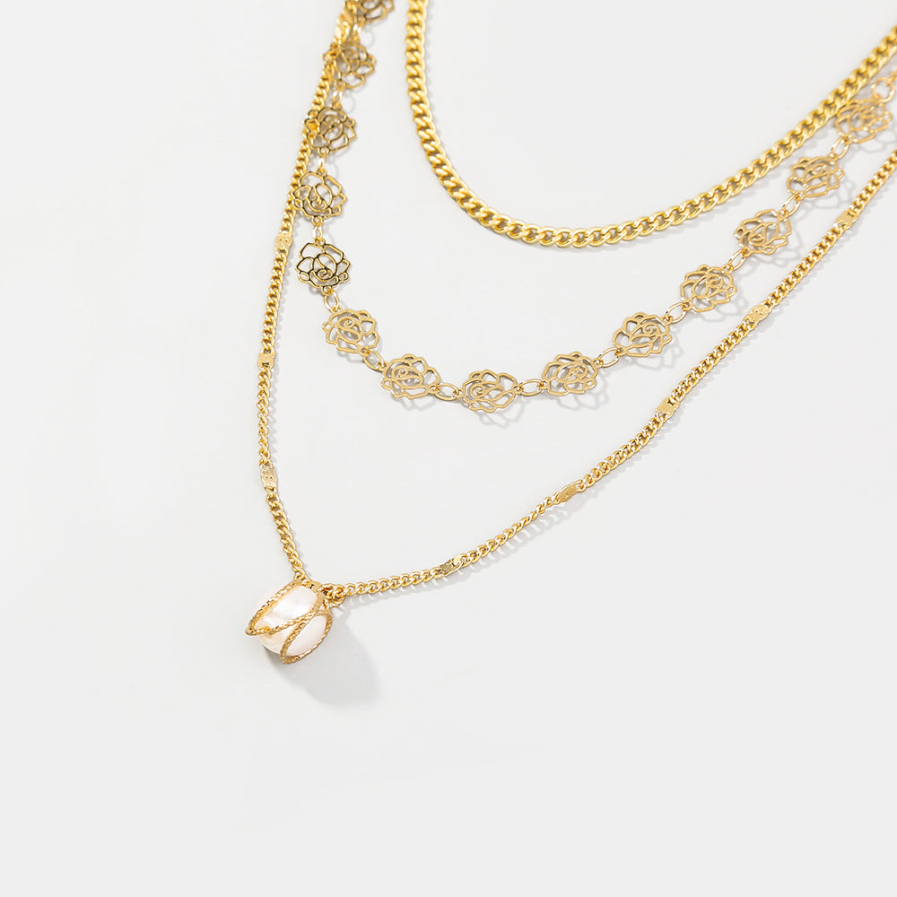 Simple Imitation High-light Pearl Pendant Necklace Rose Metal Tassel Piece Multi-layer Necklace Woman