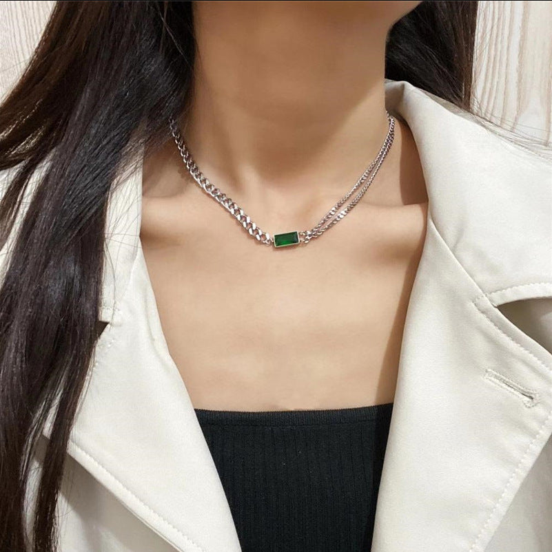 Multilayer golden green diamond necklace