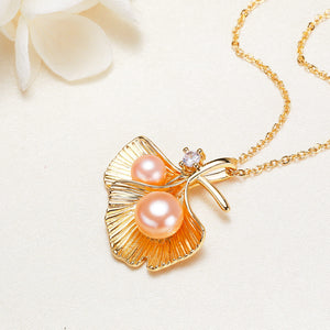 Natural Pearl Jewelry Vintage Double Leaf Zircon Gold Color Pendant Necklace For Woman