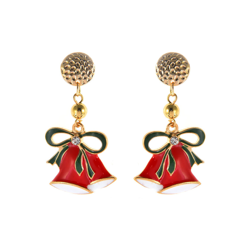 Ladies Christmas Drop Oil Christmas Bell Pendant Stud Earrings