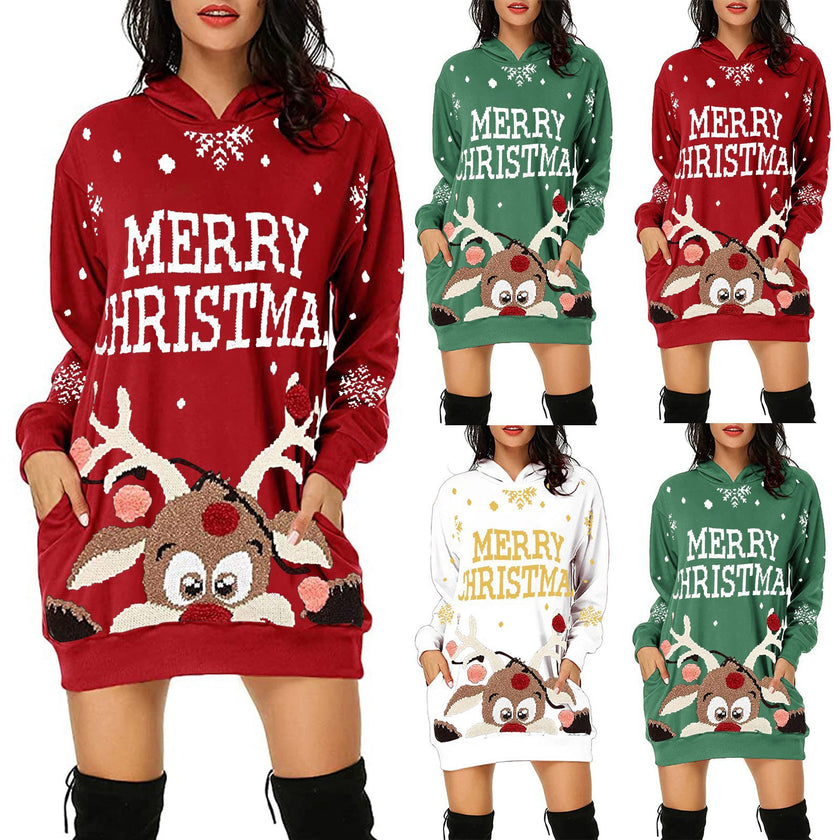 Women's Printed Mid-length Pocket Hooded Long Sleeve Sweatshirt