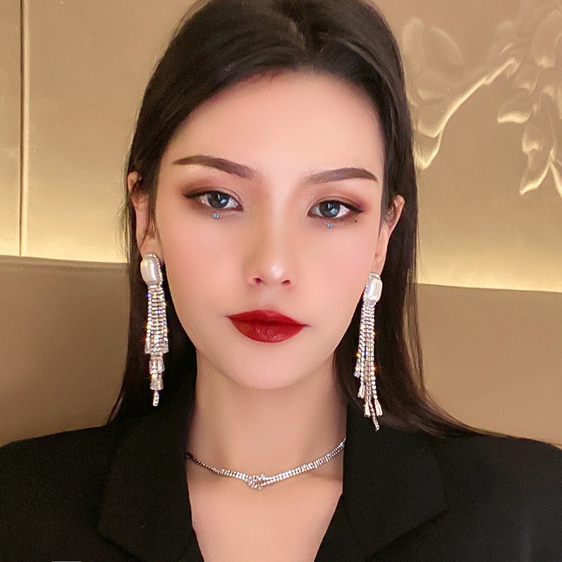Alpscommerce Fashion Exaggerated Pearl Full Diamond Long Tassel Earrings