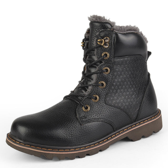 Winter Men's High-top Plus Fluffy Cotton Shoes Cowhide Plus Size To Keep Warm