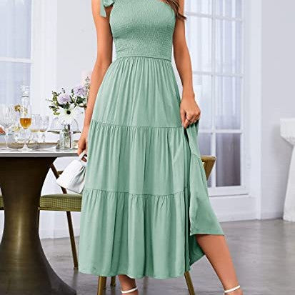 Fashion Women's One-shoulder Pleated Layered Hem Split Dress