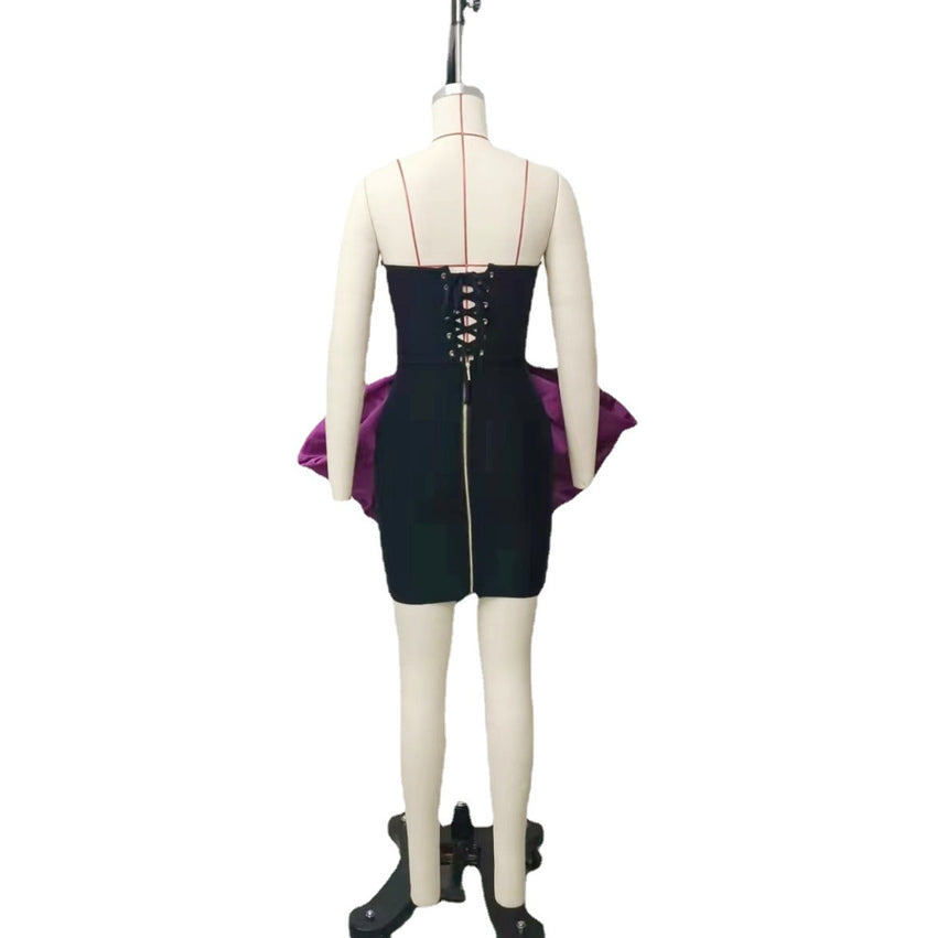 Design Horn Purple Big Bow Strapless Dress Drawstring Tied Dress