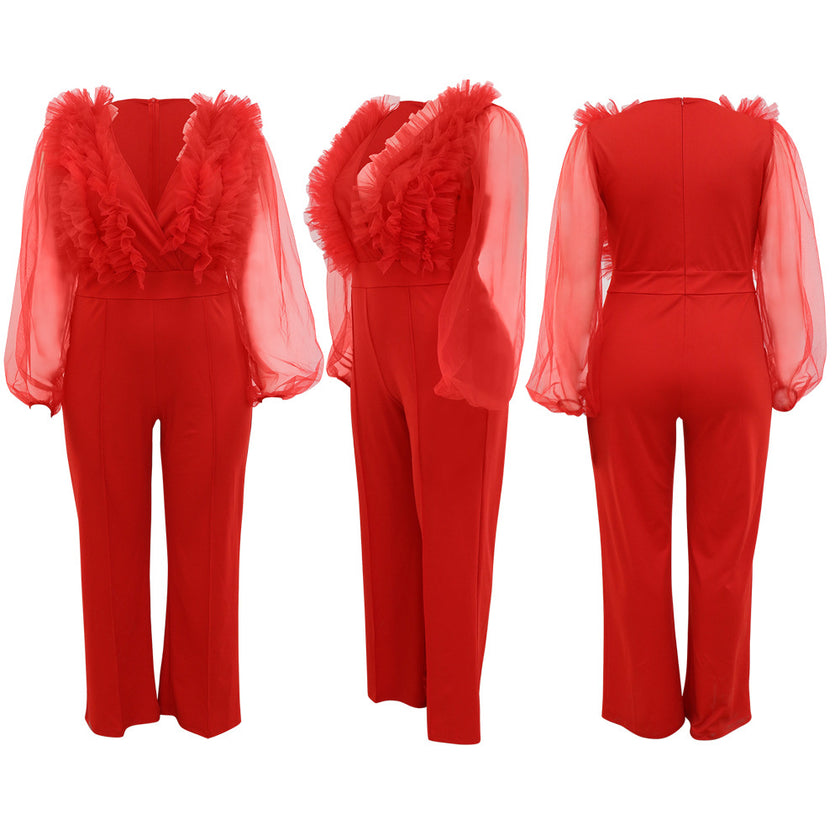 Deep V Solid Large Bodysuit Perspective Long Sleeve Women jumpsuit