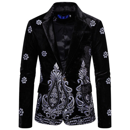 Velvet One Button Men's Silver Embroidery Suit Dress