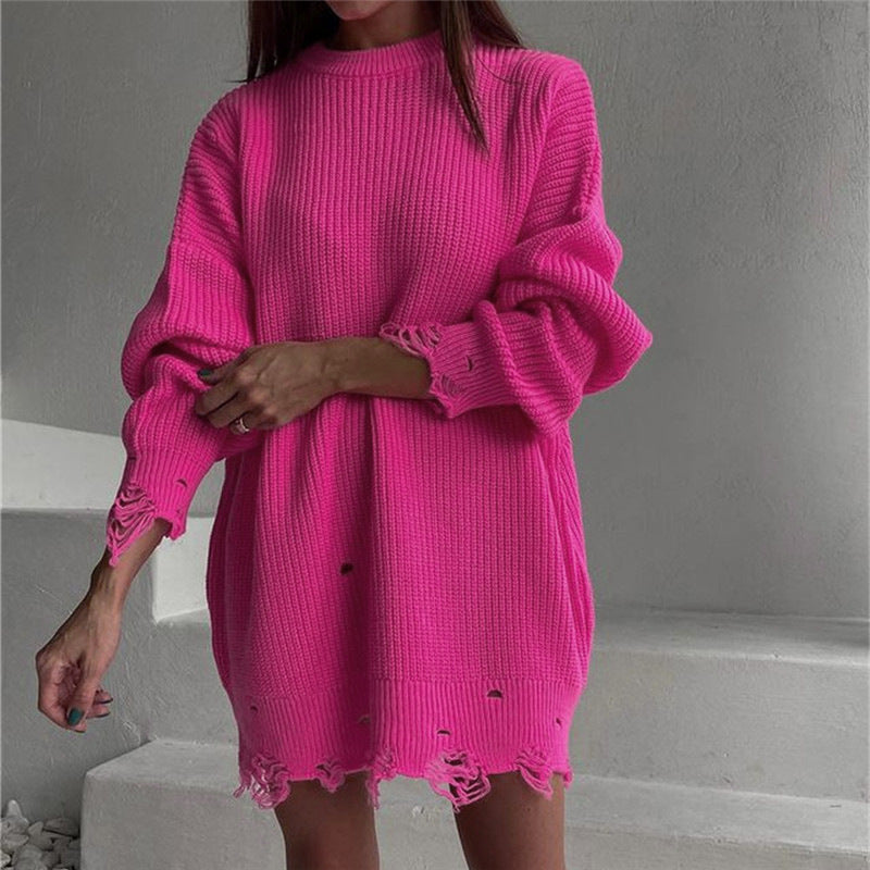 Loose Solid Color Ripped Sweater Mid-length