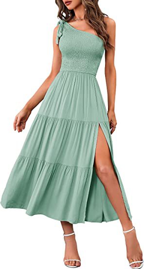 Fashion Women's One-shoulder Pleated Layered Hem Split Dress