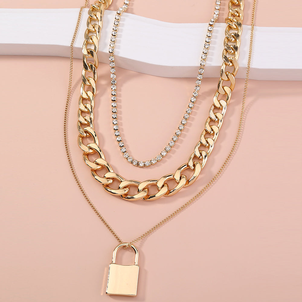 Diamond-studded Multi-layered Chain Pendant Necklace with Heavy Metal Chain