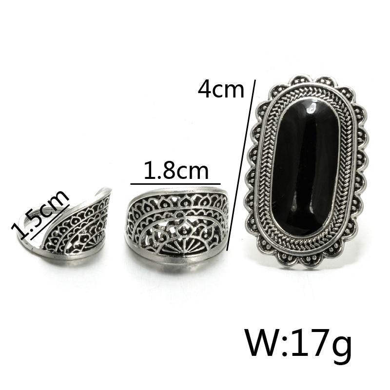 Hipster simple fashion black gem ring 3-piece set