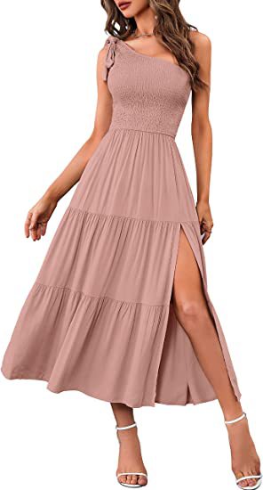 Fashion Women's One-shoulder Pleated Layered Hem Split Dress