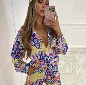 Casual Long Sleeve Shirt Loose Straight Shorts Headband Set