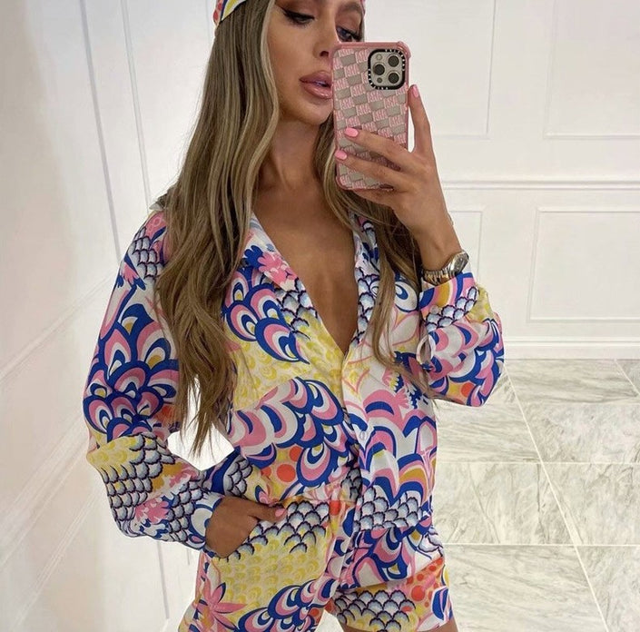Casual Long Sleeve Shirt Loose Straight Shorts Headband Set