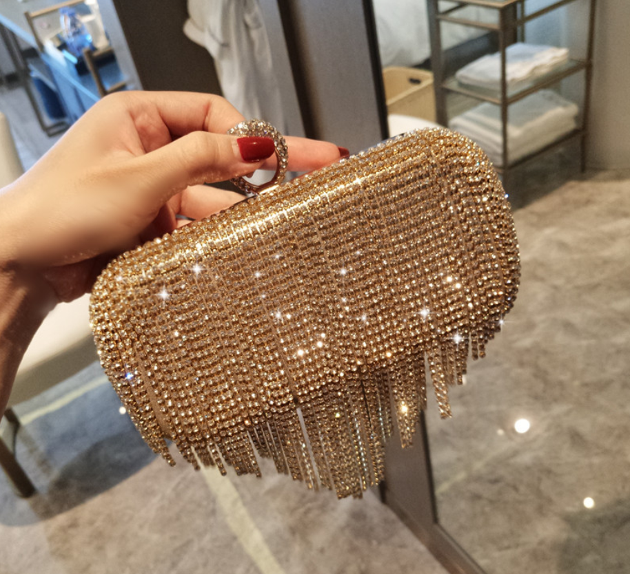 shiny diamond ladies fringed hand bag