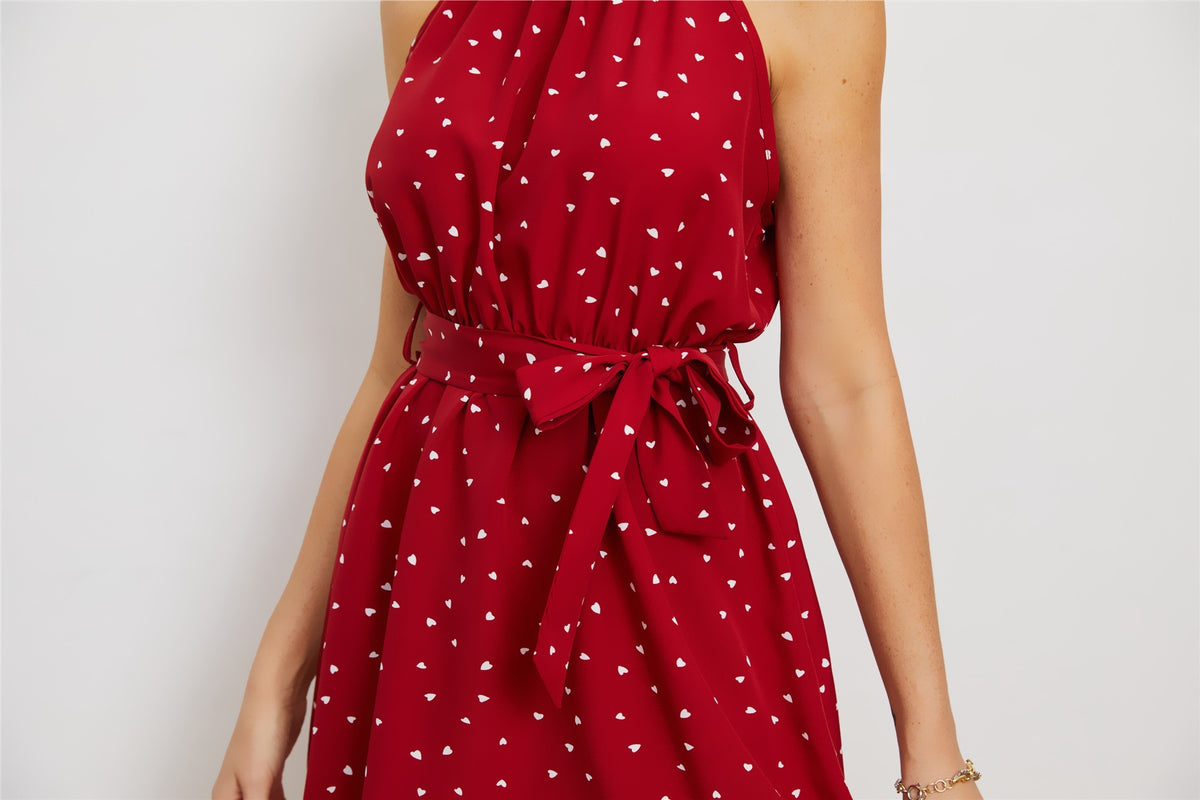 Printed Lace Up Collar Sleeveless Dress For Women
