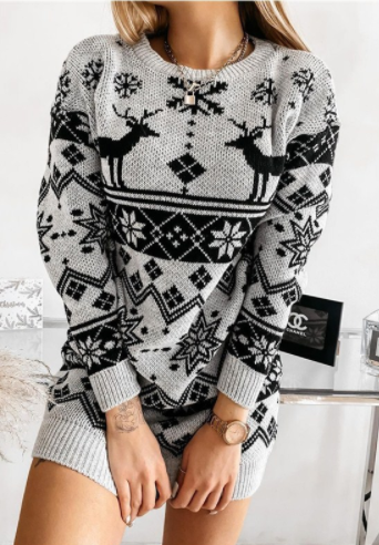 Elk Christmas Jacquard Long Sleeve Woolen Dress