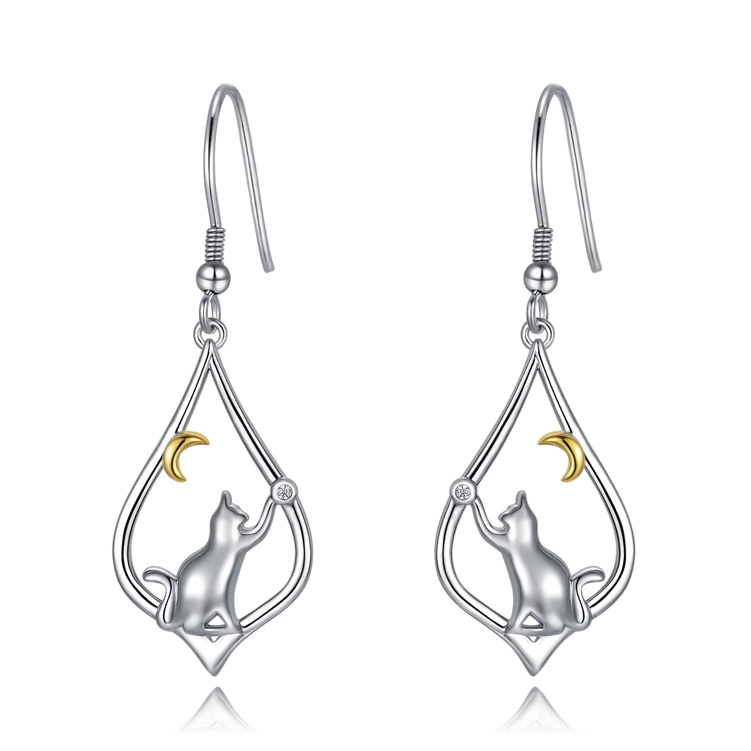 Cat Earrings Sterling Silver Cat Moon Dangle Drop Hooks Earrings Cute Animal Jewelry Cat Lovers Gifts for Women Teens Birthday