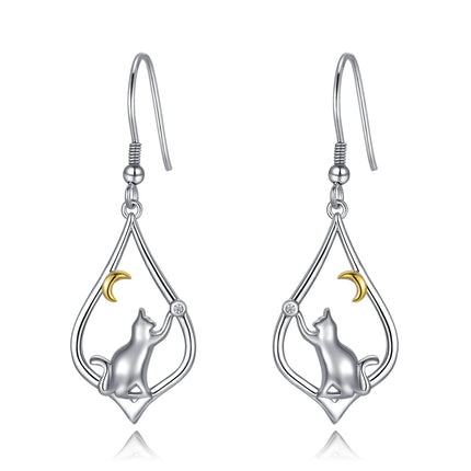 Cat Earrings Sterling Silver Cat Moon Dangle Drop Hooks Earrings Cute Animal Jewelry Cat Lovers Gifts for Women Teens Birthday