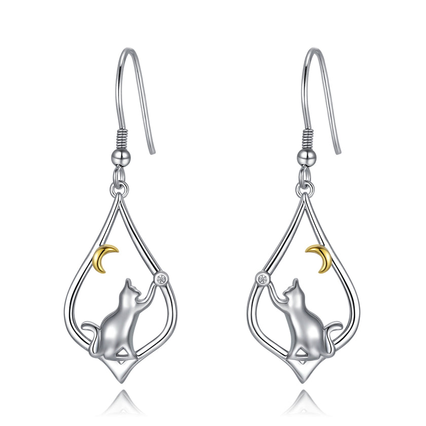 Cat Earrings Sterling Silver Cat Moon Dangle Drop Hooks Earrings Cute Animal Jewelry Cat Lovers Gifts for Women Teens Birthday