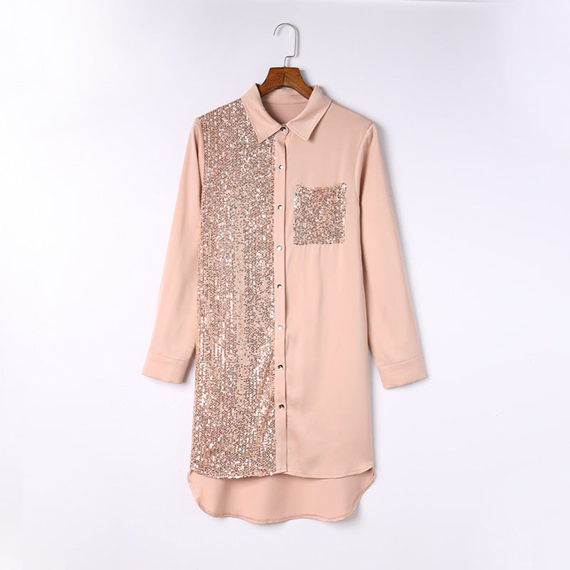Sequined Pocket Shirt Dress New Long Sleeve Lapel Mid-length Skirt