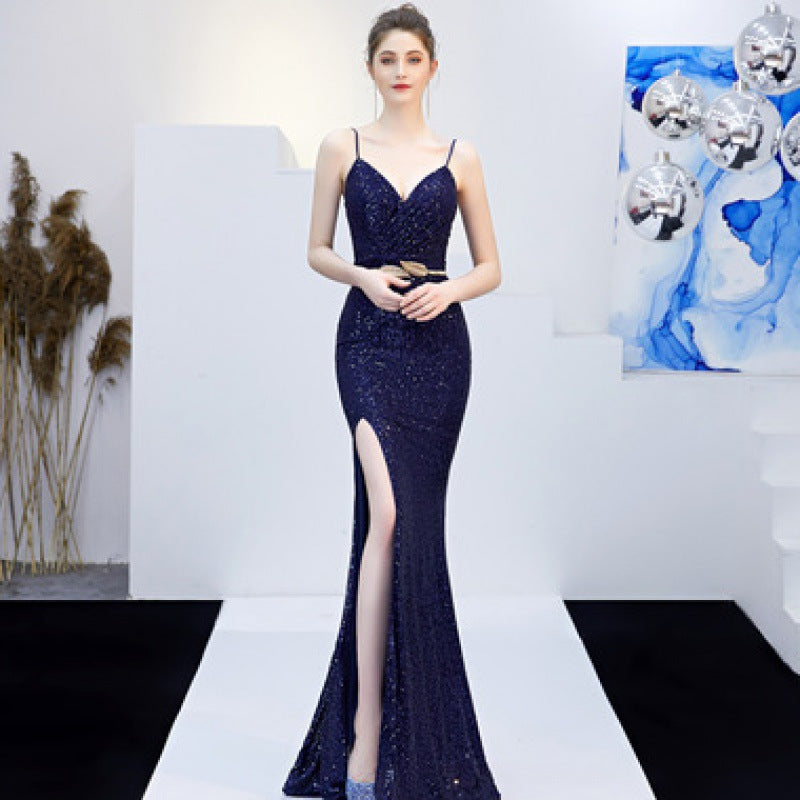 Long Host Deep V Sexy Fishtail Sequined Dress