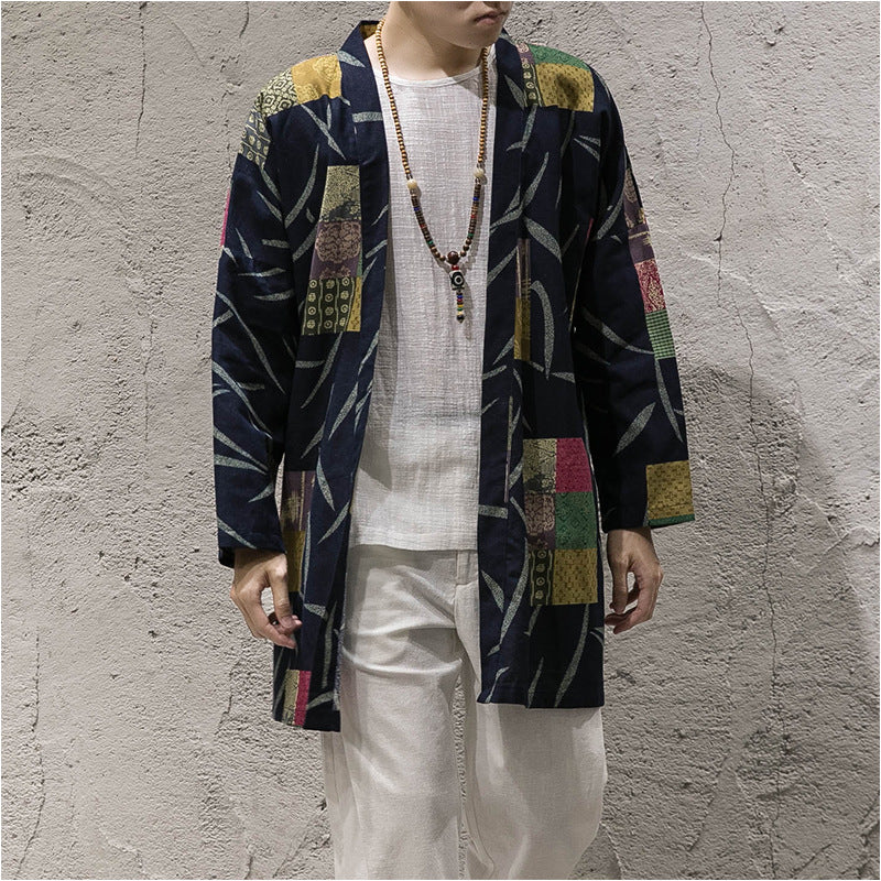 New autumn windbreaker men's long section Korean version of the buckleless cloak jacket male Chinese style cotton and linen