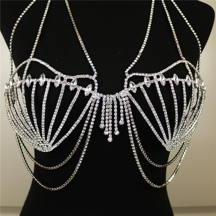Women's Fashion Accessories Shell Rhinestone Bra Fringe Body Chain