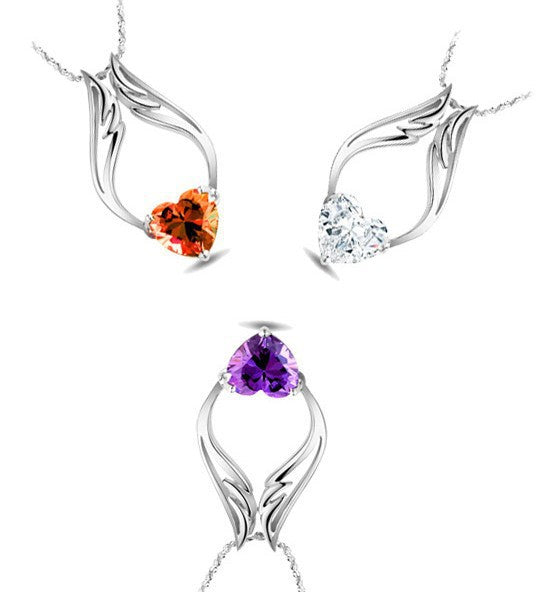 Angel Wings Peach Heart Crystal Necklace Pendant