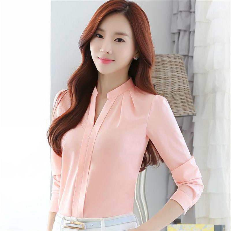 New Style V-neck Long-sleeved Elegant Ladies Office Chiffon Shirt