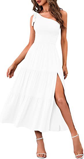 Fashion Women's One-shoulder Pleated Layered Hem Split Dress