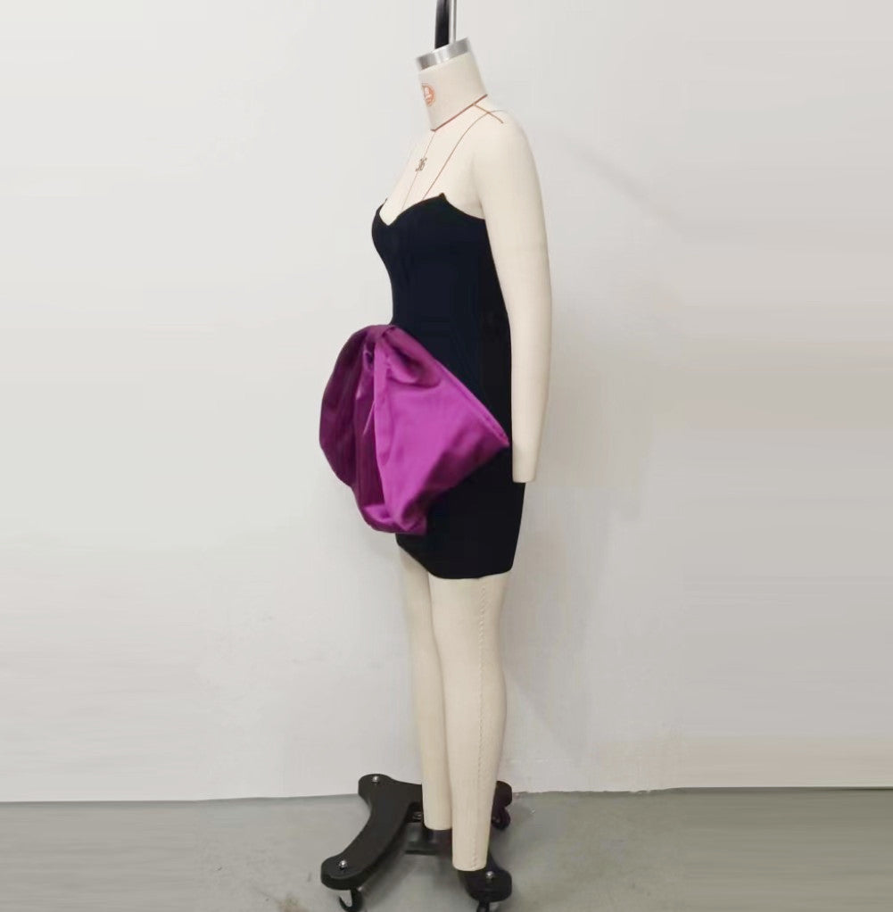 Design Horn Purple Big Bow Strapless Dress Drawstring Tied Dress