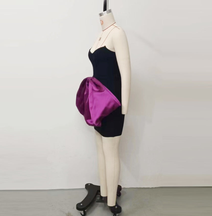 Design Horn Purple Big Bow Strapless Dress Drawstring Tied Dress