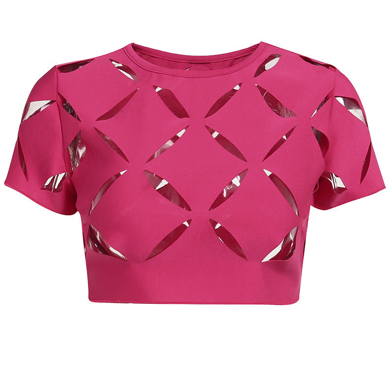 Knitted Round Neck Hollowed Out Short Sleeved Top For Women T-shirt sexy dress