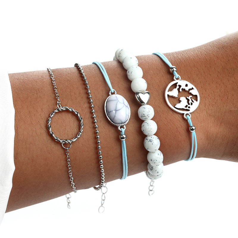 Round Beads Cracked Turquoise Braided Rope Map Hollow Circle Bracelet Five-Piece Set