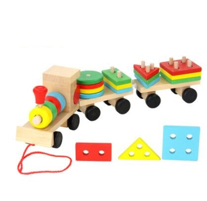 Young Delle drag three small trains wooden puzzle disassembly nut combination shape matching early education toys