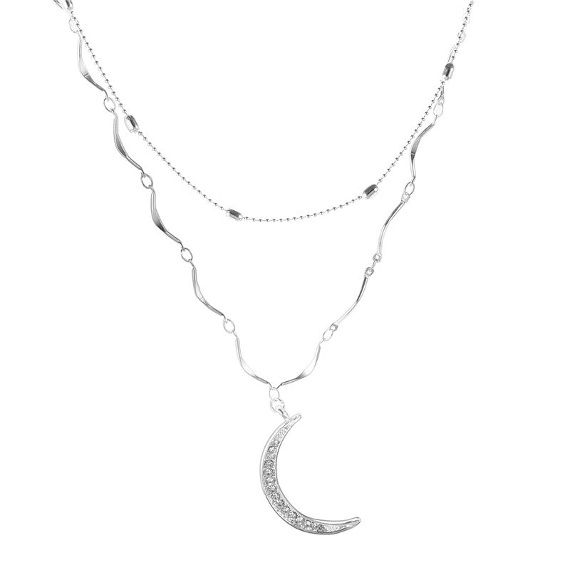Full Diamond Moon Pendant Layered Pendant Necklace