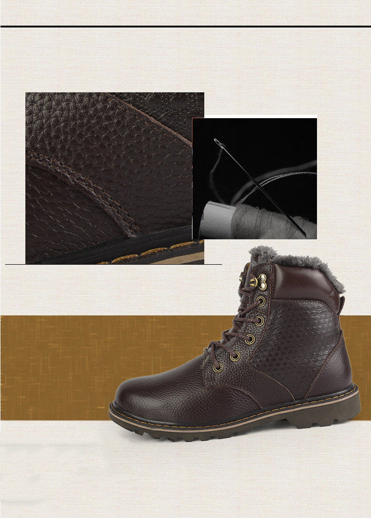 Winter Men's High-top Plus Fluffy Cotton Shoes Cowhide Plus Size To Keep Warm