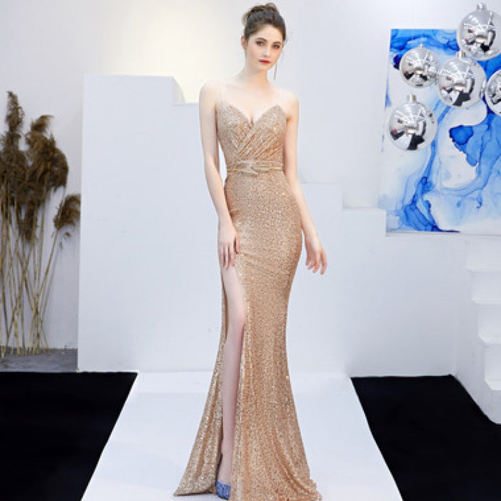 Long Host Deep V Sexy Fishtail Sequined Dress