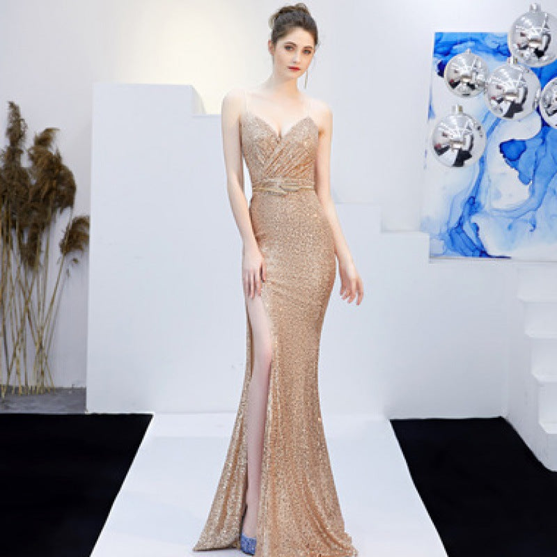 Long Host Deep V Sexy Fishtail Sequined Dress