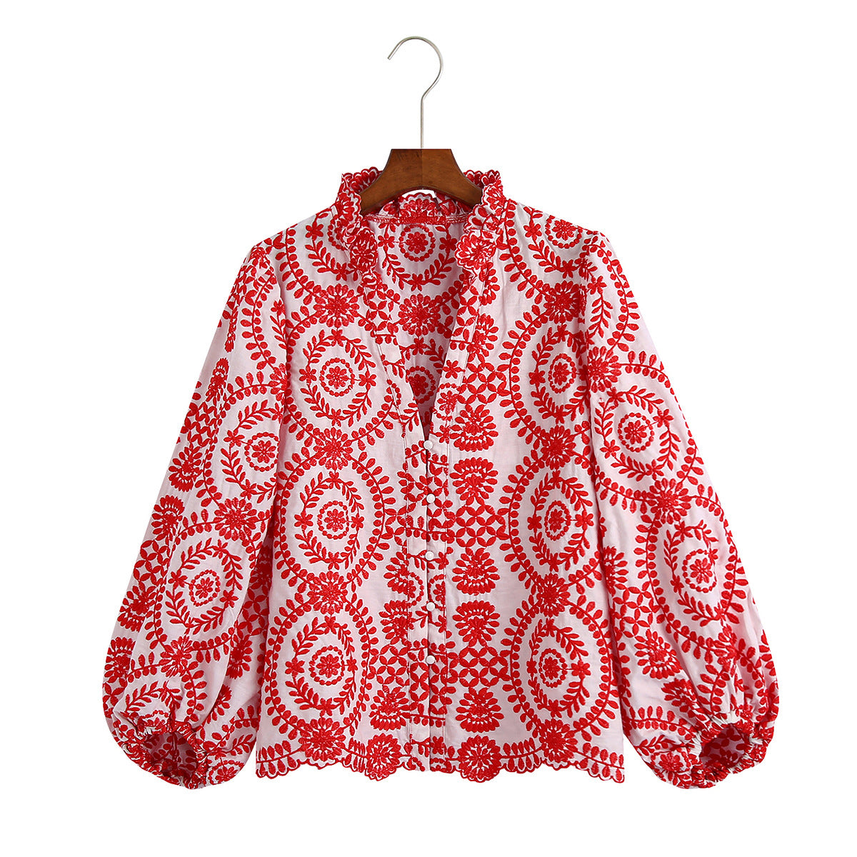 Summer European And American Style Women's Long-sleeved Embroidered Shirt