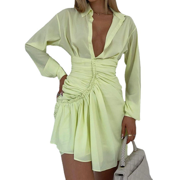 Solid Color   Pleated Shirt Dress Women