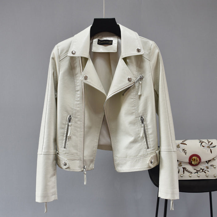 Rivet Suit Collar Waist Short Leather Jacket Women