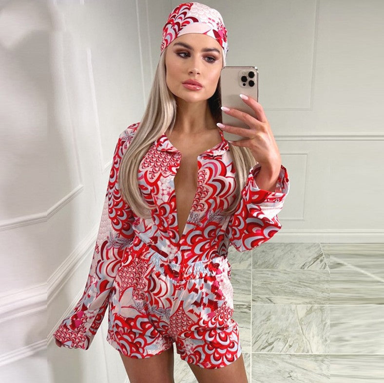 Casual Long Sleeve Shirt Loose Straight Shorts Headband Set